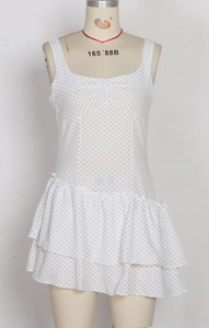 Detail of square neck sleeveless tiered dress with white and black polka dot pattern