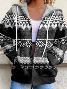 Vintage geometric print zip-up hoodie for women with white drawstring and hood