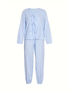 Ensemble détente deux pièces vichy bleu et blanc avec nœuds et pantalon à revers