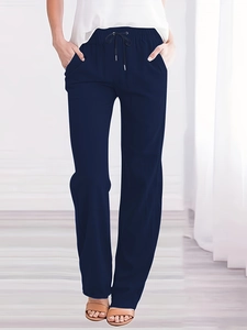 Women's dark blue wide leg cotton linen trousers with adjustable drawstring waist