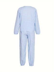 Vue arrière de l'ensemble vichy bleu clair avec poignets et taille élastiqués