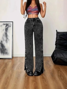 Damen High Waist Jeans mit weitem Bein in Grey Acid Wash und seitlicher Knopfleiste