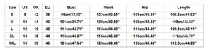 Size chart for women's casual overalls with US, UK, and EU size conversion guide