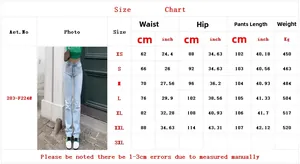 Size chart for high waisted straight leg blue jeans with waist and hip measurements