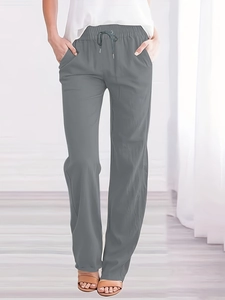 Women's casual grey straight-leg pants with elastic drawstring waist and side pockets