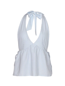 Detail of blue and white striped halter top featuring a V-neckline and tie-up neck