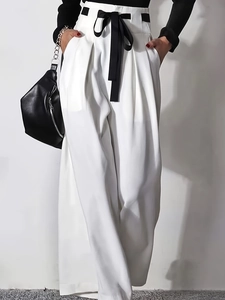 Women's High Waisted Wide Leg Pants Elegant Satin Bow Tie Belt Straight Loose Fit Casual Office Trousers White Long Slacks