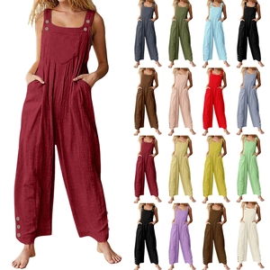 Women's loose sleeveless overalls with decorative buttons and wide leg pockets in 16 colors