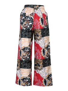 Women's high waist wide leg pants with vintage leopard and floral patchwork patterns