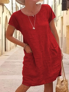 Red cotton linen loose fit summer dress with round neck and side pockets for casual wear