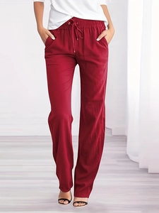 Women's red wide-leg casual pants with drawstring elastic waist and side pockets
