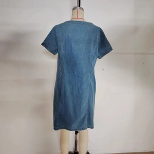 Back view of a casual blue denim short sleeve dress with round neck and straight H-line cut