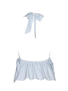 Detail view of light blue striped halter top with ruffled hem and bow tie neckline