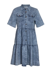 Women's blue denim shirt dress with short sleeves, button front and tiered skirt design