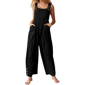 Detail of wooden buttons on loose black cotton jumpsuit with textured fabric