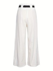 Back view of white wide leg high waist trousers with black belt accent and wide belt loops