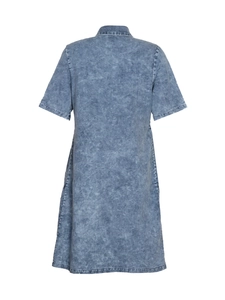 Back view of a casual acid wash blue denim midi dress featuring a classic polo collar