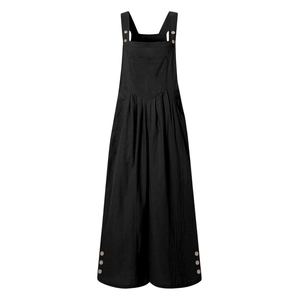 Detail of wooden buttons and texture on black sleeveless wide-leg cotton linen jumpsuit