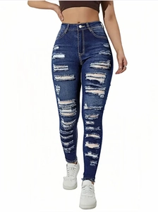 Distressed dark blue high waist skinny jeans with ripped details and raw edges for women