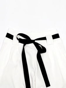 Women's high waist wide leg white trousers with black satin ribbon bow decoration