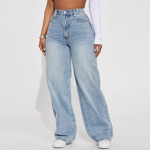 Close-up of light blue high-waisted wide-leg jeans showing washed denim texture and pockets
