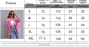 Size chart for women's loose pink denim shirt with bust and sleeve measurements