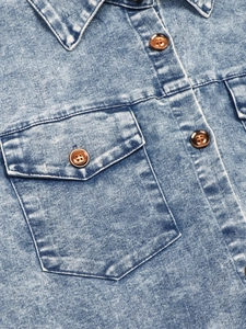 Detailed view of denim dress lapel collar with tortoiseshell buttons and blue washed fabric