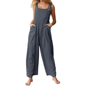 Close-up of wide leg jumpsuit featuring dark blue fabric texture and wooden button details