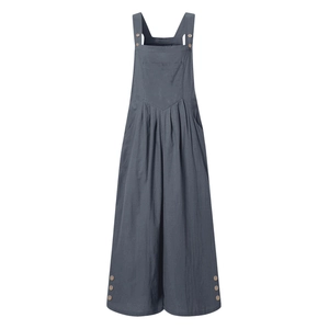 Detail of dark blue-gray linen jumpsuit featuring wooden buttons and side pockets