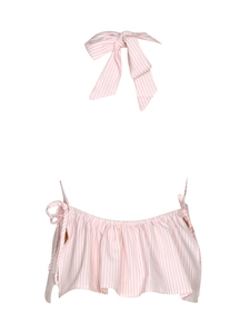 Detail of pink and white striped halter top with bow tie neck and ruffled hem