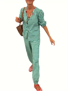 Tenue Décontractée Femme à Carreaux Chemise et Pantalon Col en V Manches Longues Taille Haute Jambe Droite