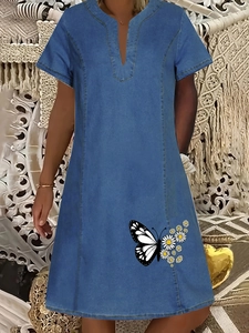Abito estivo blu stile denim da donna con stampa di fiori e farfalle