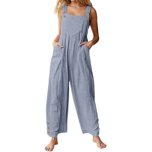 Detail of grey-blue linen overalls showing wide straps, wooden buttons, and patch pockets