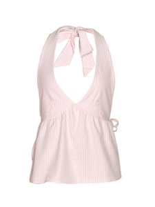 Detail of pink and white striped halter top with V-neck and delicate side tie strings