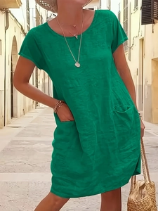 Green short sleeve cotton linen maxi dress with pockets for summer casual wear