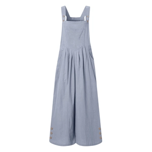 Detail of light blue wide-leg overalls with decorative wood-tone buttons on the hem