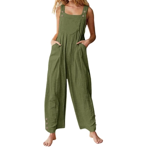 Detail of army green cotton linen overalls with wood buttons and large front pockets