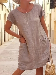 Women Casual Short Sleeve Round Neck Dress With Pockets Loose Fit Solid Color Polyester Fabric Cotton Linen Look Summer Midi Dress