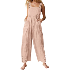 Detail of loose fit jumpsuit showing button side hem and breathable cotton linen texture