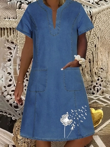 Blue denim V-neck dress for women featuring short sleeves and white dandelion print