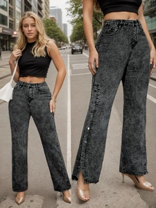 Damen High Waist Weites Bein Jeans Dunkelgrau Acid Wash Denim Hose Mit Seitlichen Knöpfen Schlitz Vintage Streetwear Hose