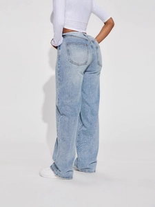Women's high waist straight leg light blue washed denim jeans with a casual loose fit style