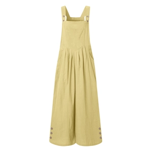 Detail of wide-leg overalls with side button accents and front pocket in beige linen fabric
