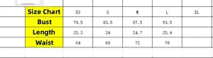 Detailed size chart for women's sexy tube top with bust length and waist measurements