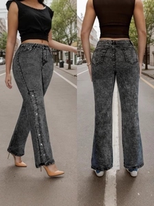 Damen-Jeans mit weitem Bein, Acid-Wash-Effekt, hoher Taille und seitlichen Knöpfen