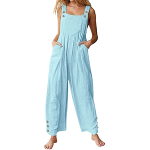 Detail of light blue cotton linen jumpsuit with wooden buttons and texture