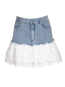 Mini-jupe en Denim Patchwork Dentelle Blanche Broderie Florale Douce Jupe Évasée Streetwear Hot Girl Style