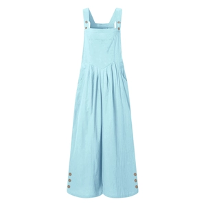 Detail of light blue cotton linen overalls showing wooden buttons and textured fabric