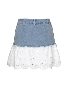 Mini-jupe en jean pour femme avec dentelle florale et volants blancs élégants