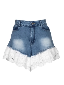 Short En Jean Taille Haute Pour Femme Avec Bordure En Dentelle Blanche Bords Effilochés Sexy Été Bleu Délavé Mélange Coton